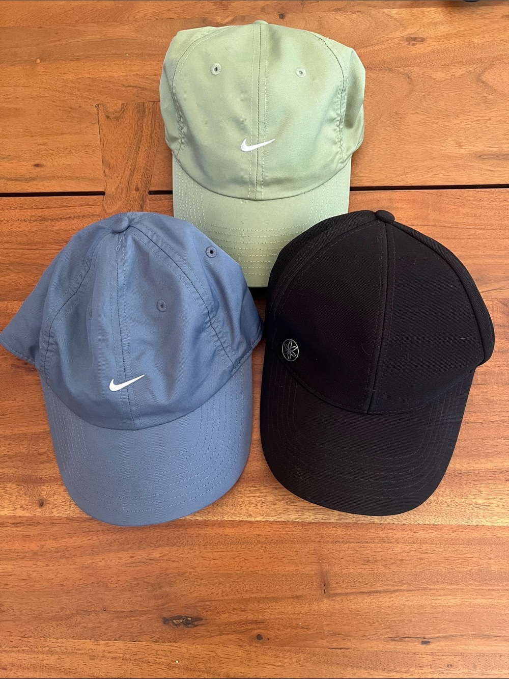 Nike & Gaiam Women’s 3-Pack Baseball Caps – Sage Green, Slate Blue, Black